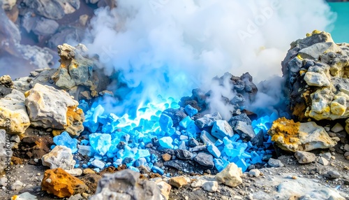 Eerie blue fire from burning sulfur at Kawah Ijen volcano Indonesia