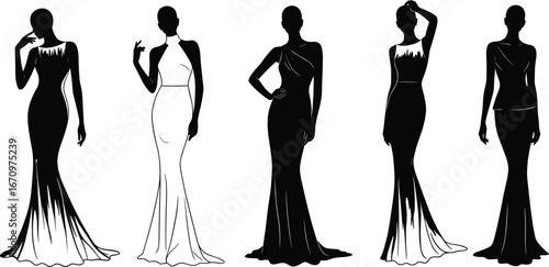 Elegant women in evening gowns silhouette, fashion models posing gracefully, glamorous dresses, stylish female figures, beauty, sophistication, chic fashion, formal wear, runway style, elegance