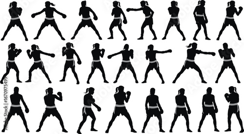 Female boxer silhouettes in various boxing poses, martial arts training, fitness workout, women fighters, combat sport, athletic women, strength, power, boxing gloves, exercise, health, competition