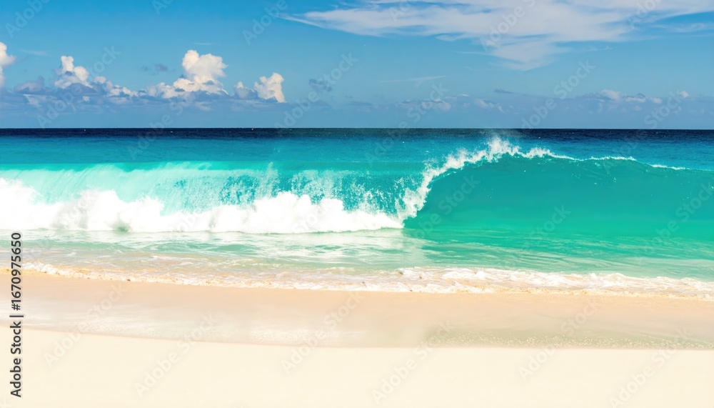 Fototapeta premium Turquoise ocean waves crash on a pristine white sand beach under a bright blue sky.