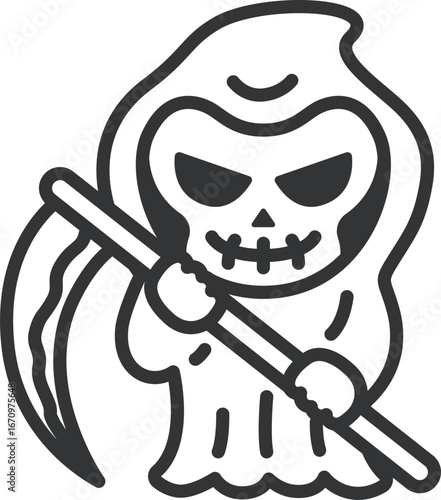 鎌を持った、死神のキャラクターのアイコン（線画）のイラスト