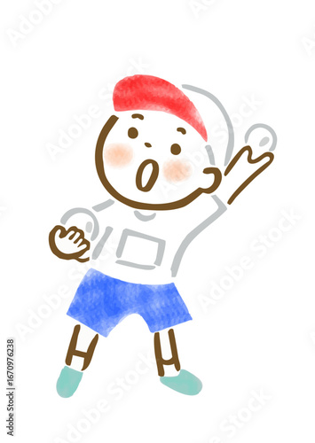 運動会で玉入れの玉を投げようとしている男の子の手描きイラスト