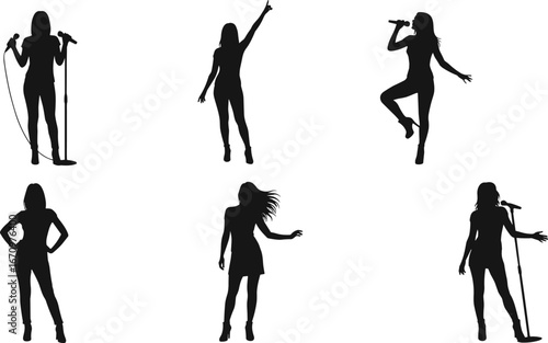 Female singers with microphones silhouette, music performance, concert pose, dancing women, pop artist, vocal expression, stage performance, entertainment, singing model, music illustration