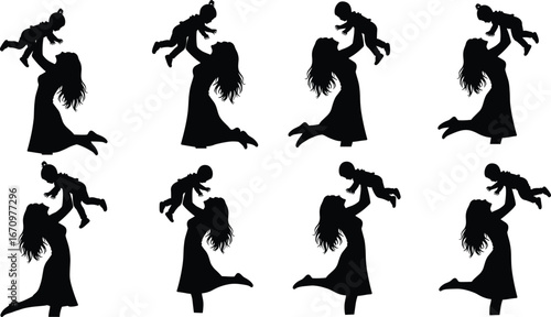 Mother and child silhouette, mom lifting baby, joyful motherhood concept, parent love icon, happy family moment, mother’s day vector, parenting illustration design
