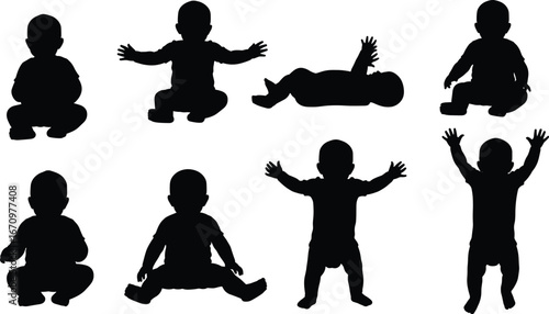 Silhouette baby sitting, crawling, lying, toddler standing, playful infant, child growth stages, early development, cute baby poses, baby activity, childhood, infant movement.
