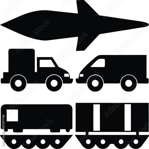 Set of stylized black silhouette vector graphics featuring transportation and gaming elements