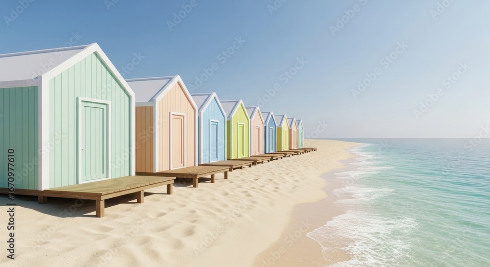 Obraz premium Colorful beach huts lined along sandy shore with turquoise sea and clear blue sky