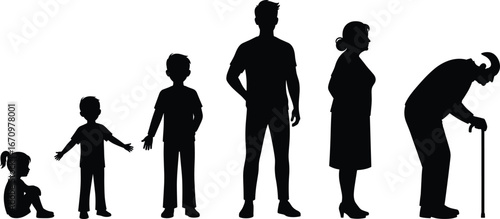 Silhouette family members, different ages, child toddler kid, young boy, adult man, middle-aged woman, elderly man with cane, life stages, growth, aging, human development.