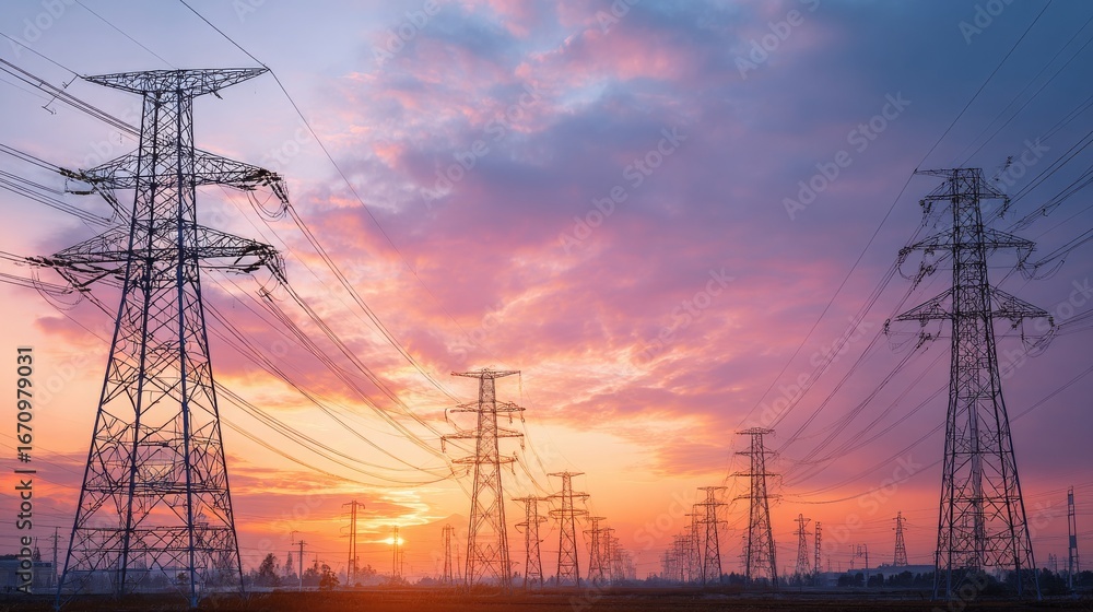 Fototapeta premium High voltage pylons with electric power lines transfering electricity from solar photovoltaic sells at sunrise. Production of sustainable energy concept.