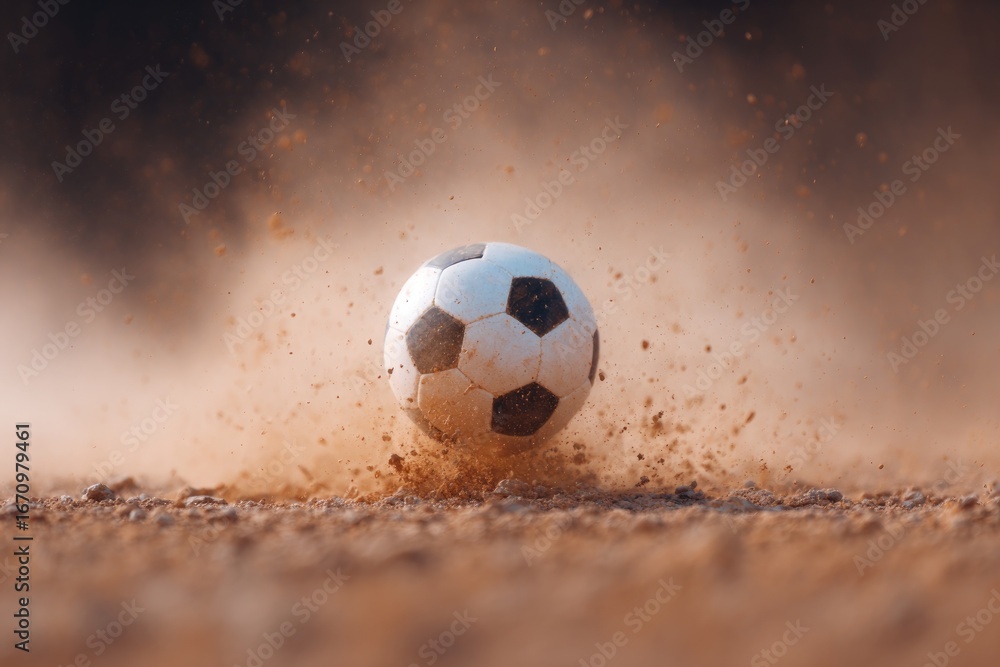 Fototapeta premium Soccer ball rolls on dusty field, dust swirling in dynamic motio