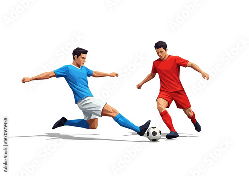 Soccer Striker Dribbling the Ball While Being Tackled by Opponent, Vector Illustration