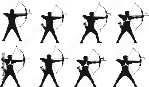 Silhouette of archers holding compound bows, aiming in standing position, archery sports concept, black vector illustration, male and female athletes, precision, strength, competition, accuracy.