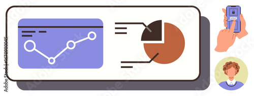 Graph, pie chart, and data outlined on a screen, accompanied by a hand verifying details via smartphone and avatar. Ideal for business, progress, security, statistics, teamwork presentation simple