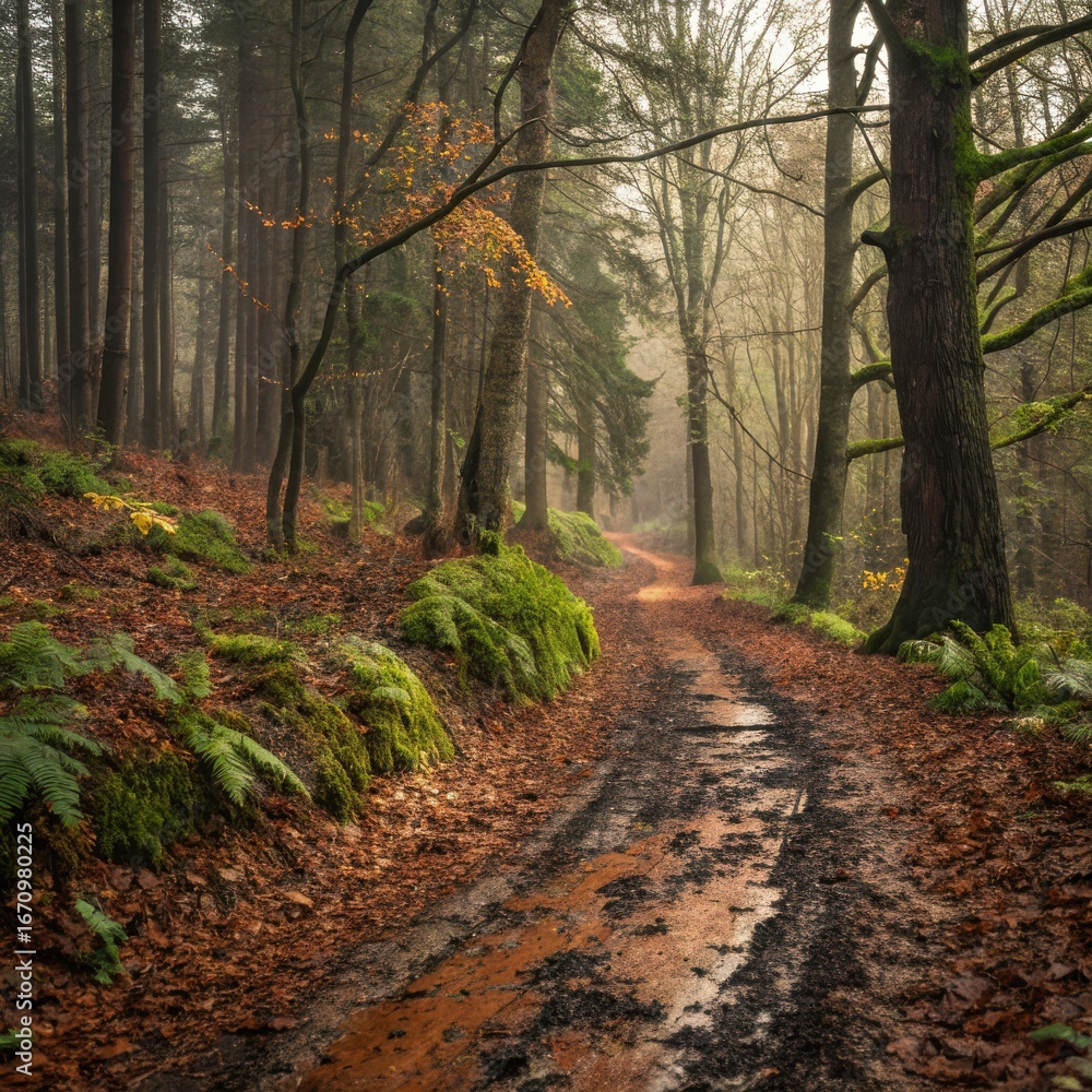 Fototapeta premium Misty Autumn Forest Path with Muddy Trail and Fallen Leaves