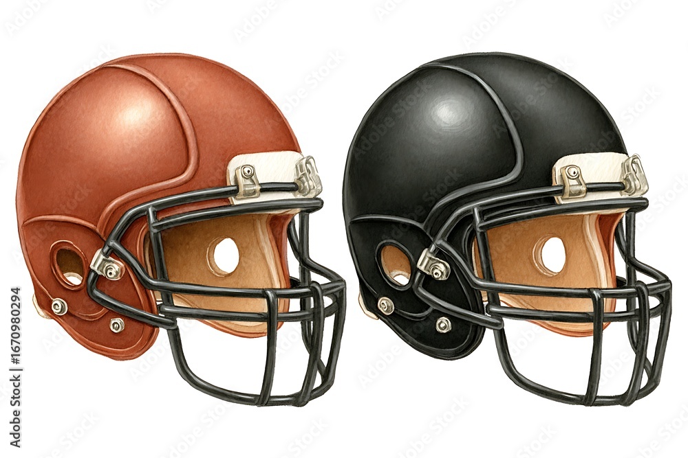 Naklejka premium Illustrated Football Helmets Brown and Black with Isolated, and Sports Equipment.