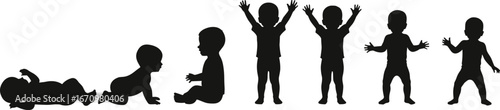 Silhouette of babies and toddlers in different stages, lying down, crawling, sitting, standing with raised hands, playful children, growth development, early childhood, kid vector illustration.