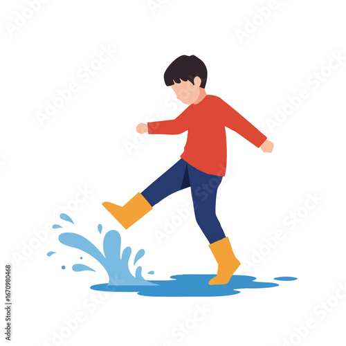 A joyful child is captured mid-action, playfully kicking water from a puddle in a dynamic 2D flat vector illustration with minimalist clean lines and solid colors.
