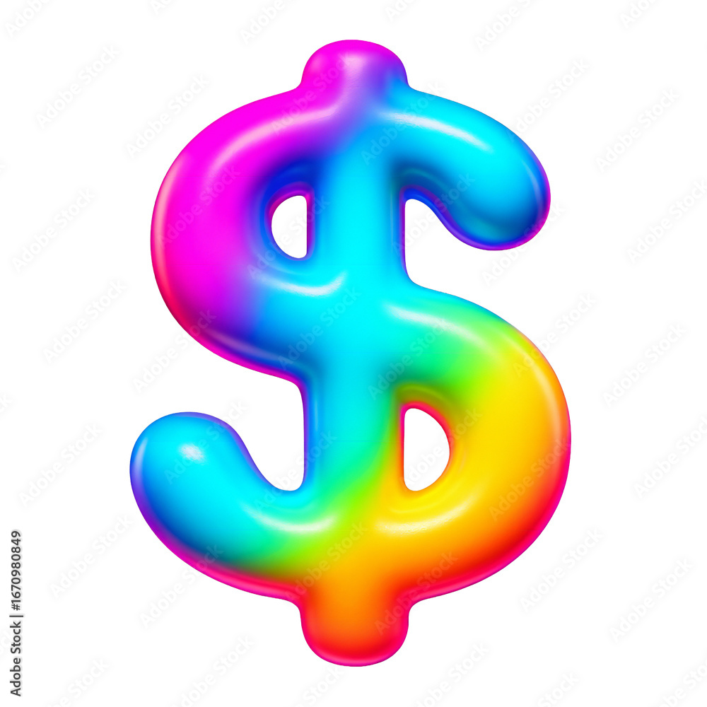 Obraz premium A Vibrant Multicolored Dollar Sign Rendered In A Glossy Inflated 3D Style Against A Transparent Background