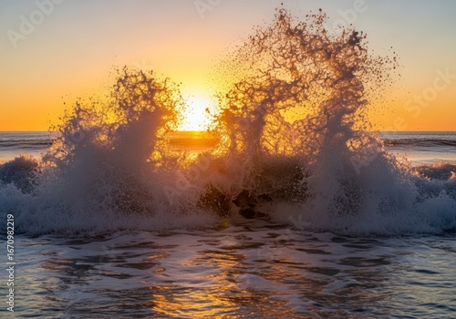 A cresting ocean wave sprays outwards at sunset silhouetting its spray against the setting sun