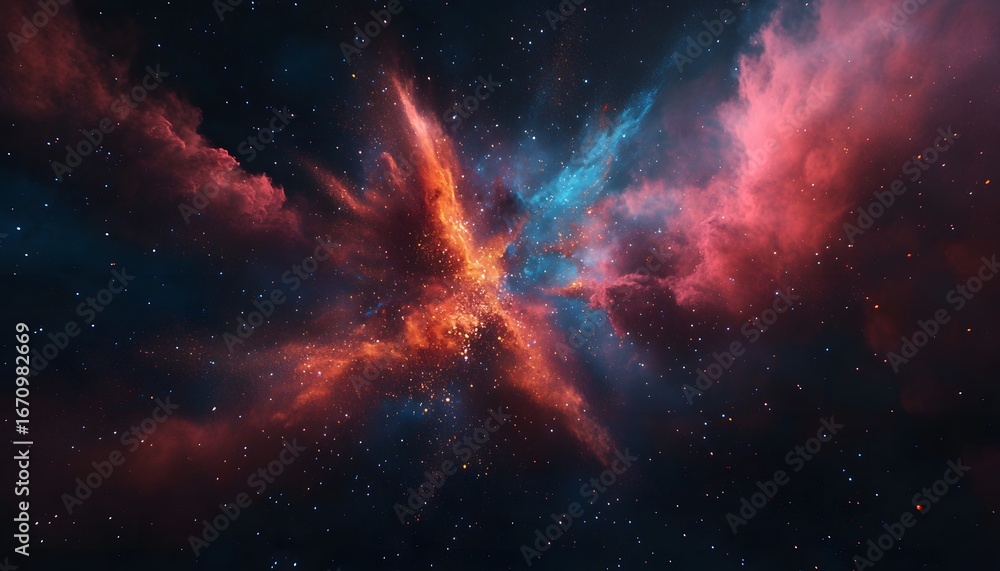 Fototapeta premium This illustration shows a cosmic scene with nebulae in shades of red and blue, scattered with bright stars against a dark background.