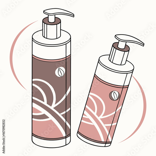 A clean set of blank plastic cosmetic bottles with a dispenser pump for personal care products like liquid soap, shampoo, and lotion, isolated on white with a clipping path