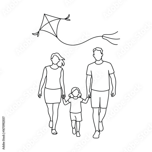 Family stroll under a kite drawing capturing a joyful outdoor moment