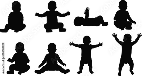 Silhouette of cute baby sitting, crawling, lying down, toddler standing, baby movement, child growth stages, playful infant, early development, baby poses, childhood moments, infant activity.