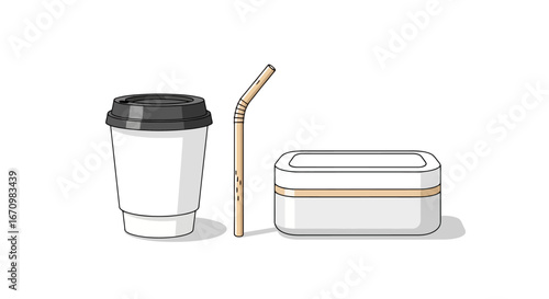 Minimalist Illustration of Sustainable Food and Beverage Containers for Eco-Friendly Lifestyle and Zero Waste Design Concepts