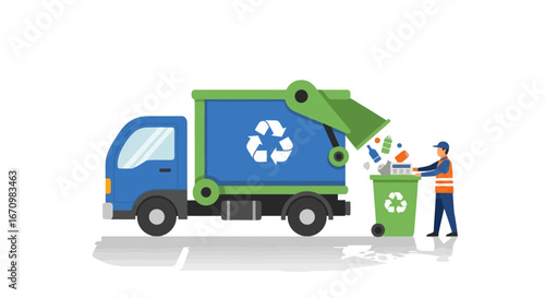 Cartoon illustration showcasing waste management and recycling process, promoting environmental awareness and sustainable waste disposal practices in communities.