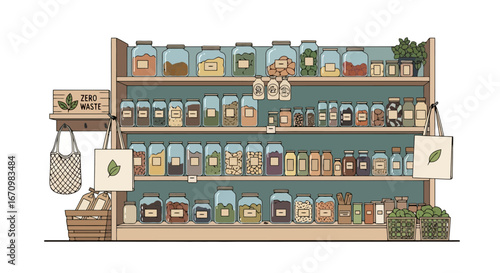 Sustainable Grocery Store Illustration Showcasing Eco-Friendly Bulk Food Options and Zero-Waste Lifestyle Products for Conscious Consumers and Retail Design