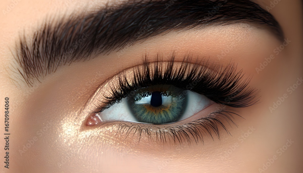 Obraz premium The image shows a detailed view of a woman's eye featuring meticulously applied makeup, including long, dark eyelashes and a neutral eyeshadow palette.