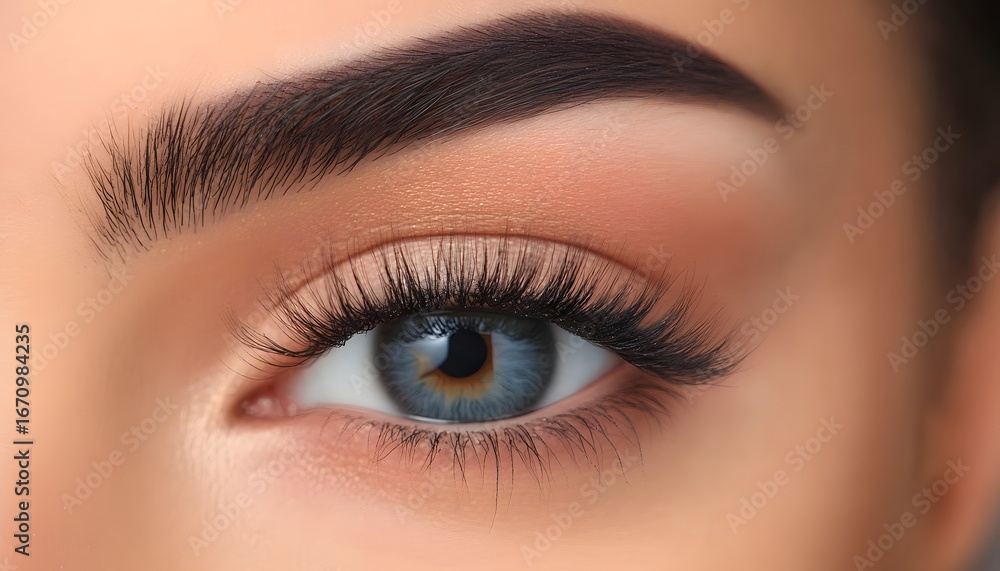 Fototapeta premium The image shows a detailed view of a person's eye, featuring long eyelashes, well-defined eyebrows, and subtle eye makeup.