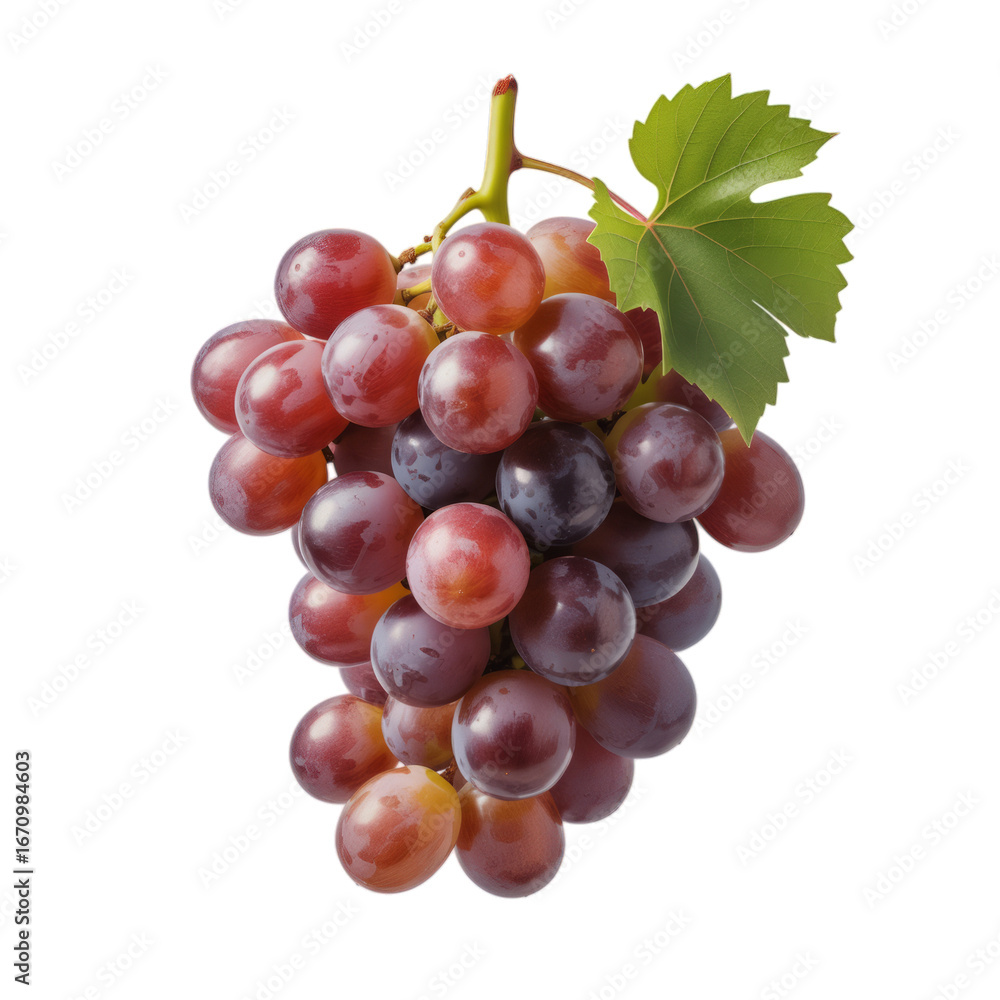Fototapeta premium Red grapes with green leaf isolated on a transparent background purple