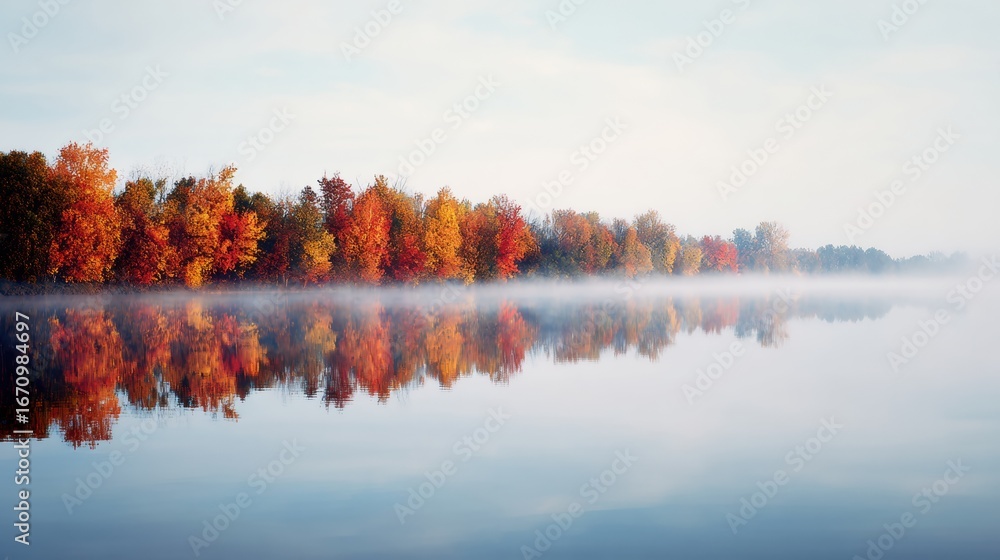 Obraz premium Beautiful Autumn Landscape With Colorful Trees Reflecting in Calm Water at Dawn