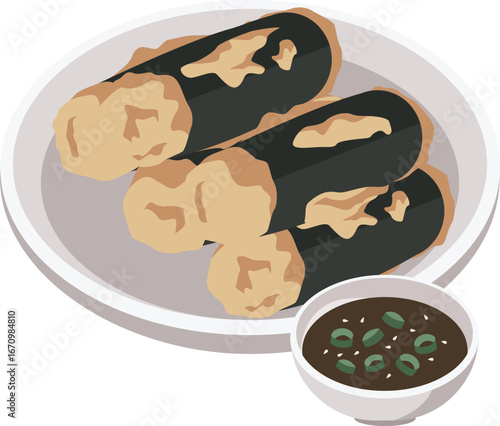 Flat vector of Korean food gimmari, deep-fried seaweed rolls with glass noodles. Traditional Korean street snack in clean minimal style, great for food content or menu design.