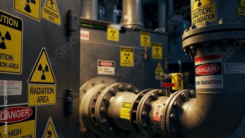 Radiation hazard signs and containment seals viewed inside a radioactive waste vitrification melter maintenance zone.