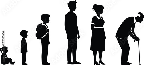 Silhouette people different ages, baby toddler child, school kid with backpack, young adult, pregnant woman, elderly man with cane, life stages, family growth, time passing.