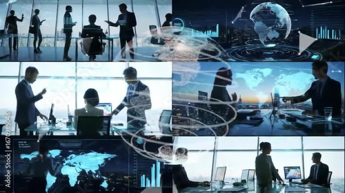 A dynamic montage of business professionals in modern offices. Scenes feature teamwork meetings and global data visualization. The video highlights corporate life technology and international commerce