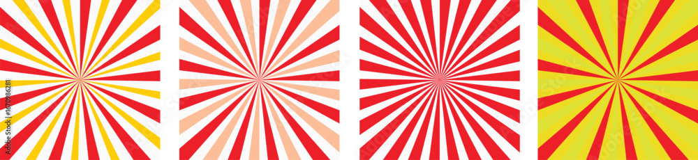 Four vibrant abstract radial patterns with red yellow and white stripes