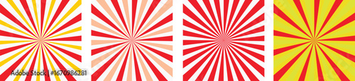 Four vibrant abstract radial patterns with red yellow and white stripes