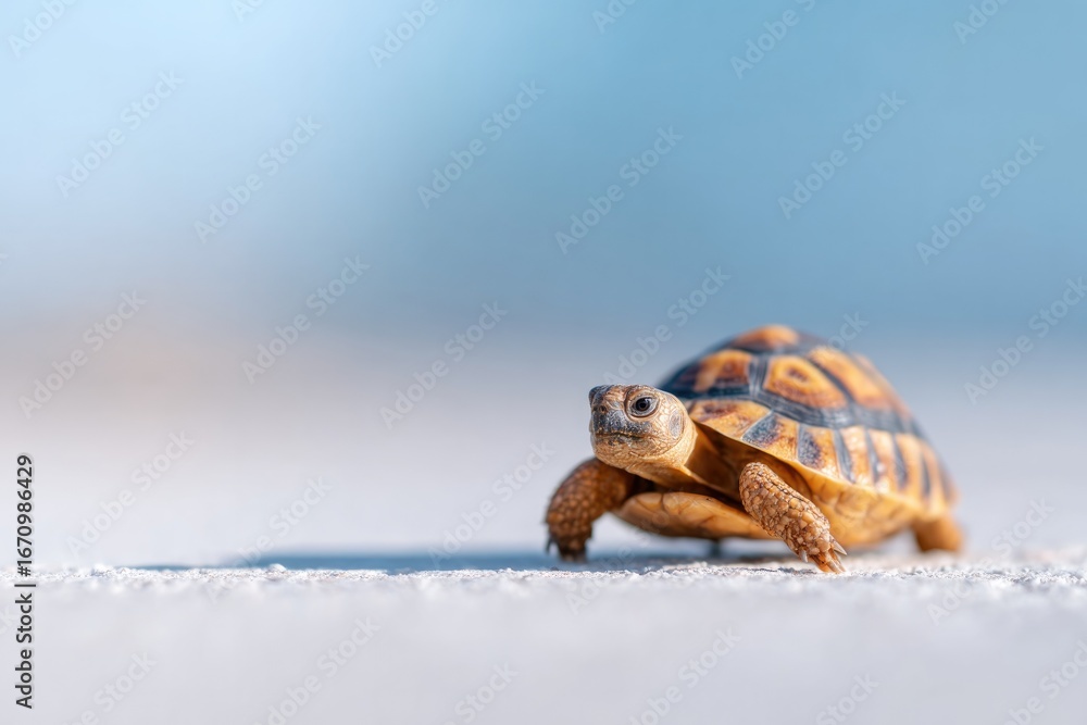 Obraz premium Small tortoise slowly moving across sandy surface, vibrant color