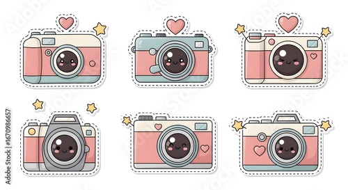 Adorable camera sticker sheet illustration in kawaii style. Pastel colors, playful cartoon characters. Perfect for crafting and decoration.