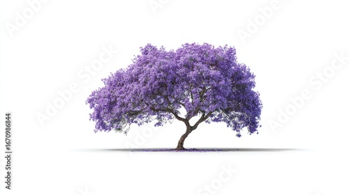 Blooming jacaranda tree, lush purple flowers, against a stark white backdrop