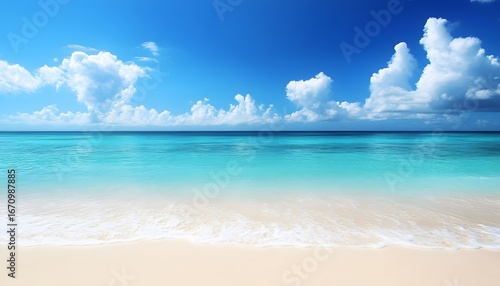 Wallpaper Mural The illustration shows a tranquil beach scene with gentle waves lapping on a pristine white sandy shore under a vibrant blue sky dotted with fluffy white clouds. Torontodigital.ca