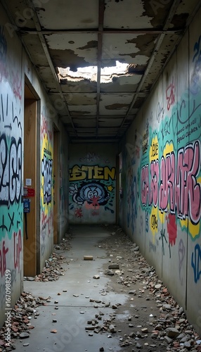 Dilapidated Interior Hallway with Graffiti and Broken Ceiling