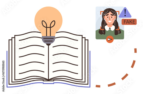 Open book with light bulb representing knowledge, alongside a photo warning of fake recognition. Ideal for education, learning, creativity, knowledge, AI awareness, misinformation innovation. Simple