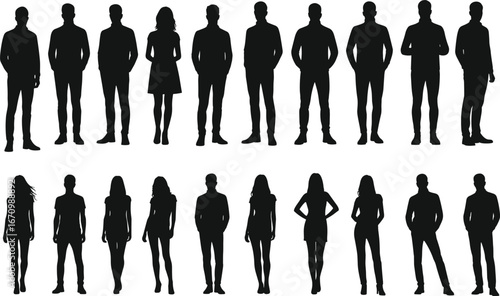 Silhouettes of diverse business people, standing male and female poses, teamwork concept, corporate professional figures, group formation, elegant posture, black vector illustration