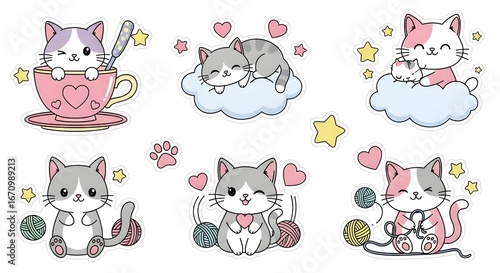 Adorable kawaii cat sticker sheet. Cute, playful cartoon style, pastel colors. Perfect for crafts and decorations.
