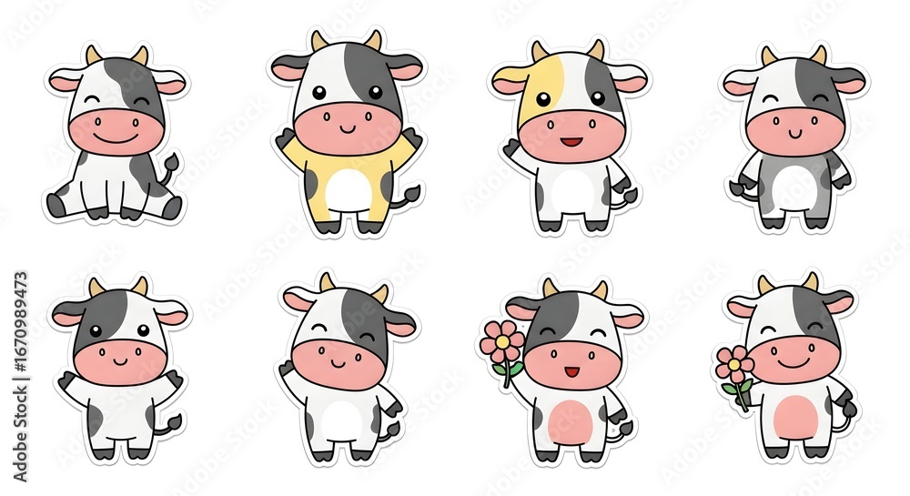 Fototapeta premium Adorable kawaii cow sticker sheet. Cute cartoon animal characters for kids, pastel colors, happy faces. Vector illustration.