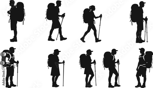 Silhouettes of hikers with backpacks and trekking poles walking and standing, outdoor adventure, hiking activity, nature exploration, trekking, travel, mountain trail, camping gear, fitness, journey